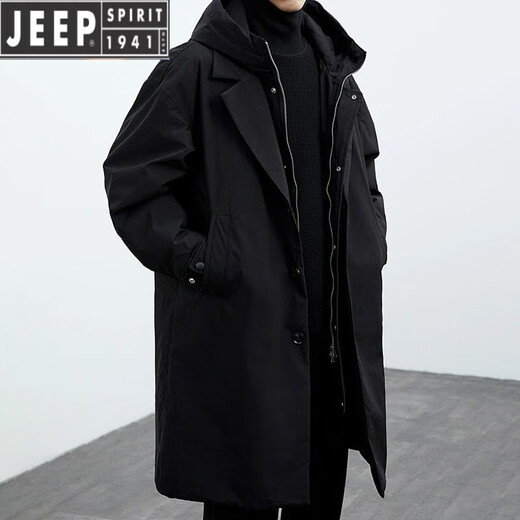 JEEP SPIRIT Jeep 2025 Autumn and Winter New Men's Korean Coat Men's Jacket Fake Two-piece Hooded Mid-Length Windbreaker Parka Black Thin 140-155Jin Jin equals 0.5 kg XL