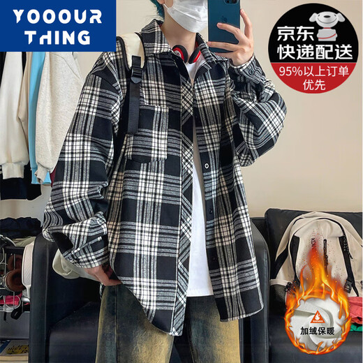 YOOOURTHING美式复古格子衬衫男长袖春秋冬加绒加厚宽松情侣百搭休闲衬衣外套 CJ9735-黑白格 加绒 M (建议90-110斤)