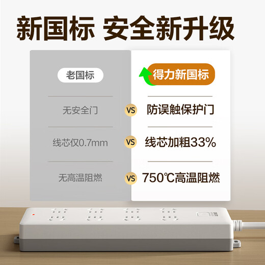 得力（deli）新国标安全插座 插排/插线板/接线板/排插/拖线板 8位组合孔5米 总控开关 18263