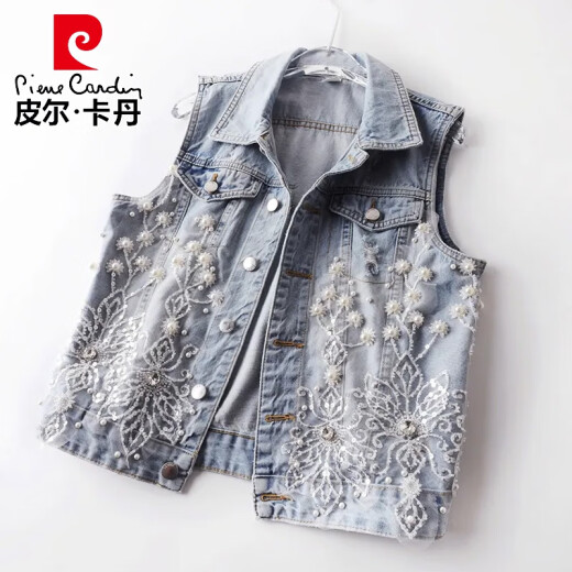 皮尔卡丹（pierre cardin）高档纯棉牛仔马甲背心女短款春秋新款百搭破洞外穿马夹坎肩上衣潮 浅蓝色 3291 S 80-95斤