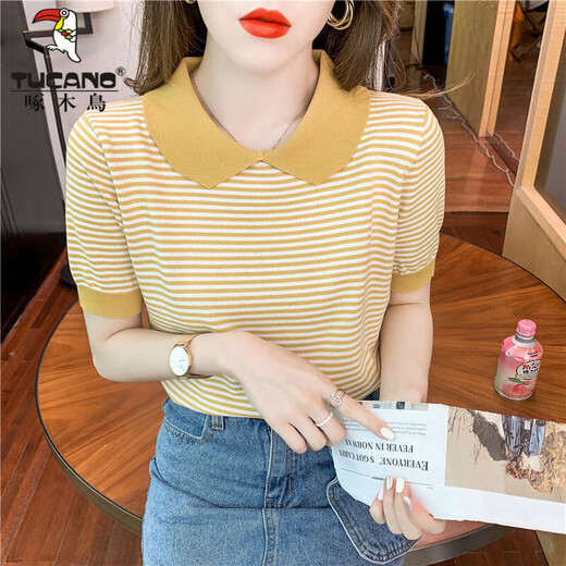 Cuello de muñeca rayada de carpintero Camiseta de miética de seda de hilo de altura de manga corta Sweet Sweater Sweater Sweater delgada pequeña DX691# Amarillo S RECOMENDO 80-100JIN [Jin iguala 0.5 kg]