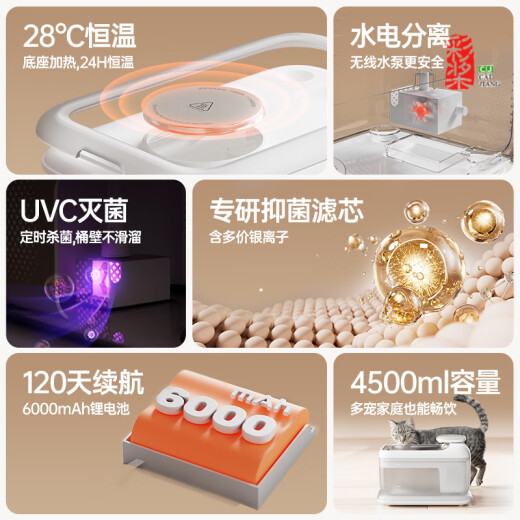 派兮S7猫咪饮水机恒温加热宠物自动循环不插电饮水器酸奶机喝水器 S7·Air(无线款6000mAh)雪影白