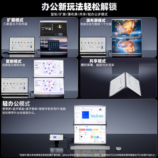 ARZOPA 15,6-Zoll-Dual-Screen-tragbares Display, faltbares Mobiltelefon, Laptop, sekundärer Bildschirm, externes Büro, Aktienhandel, Spielcomputer, erweiterter Bildschirm E1