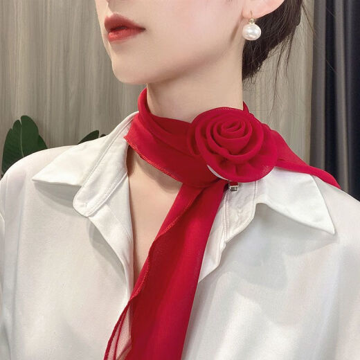 慕枫晴纯色玫瑰花朵薄丝巾气质时尚百搭女春秋网红洋气女士夏季in 米白色领花