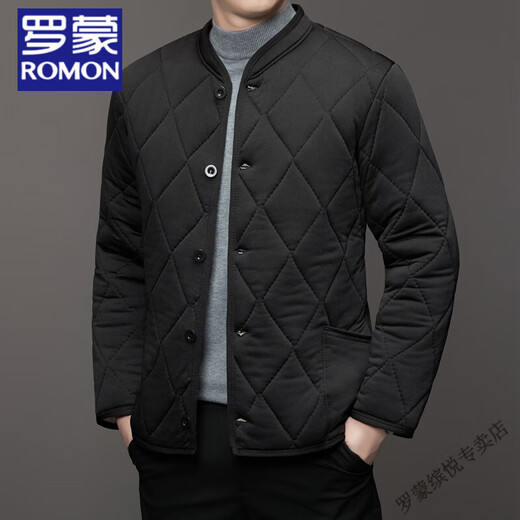 ROMON stand collar men's cotton coat in autumn and winter middle-aged camel velvet liner plus velvet thickened comfortable and warm cotton coat top for men black 2XL (recommended 120-140Jin [Jin equals 0.5 kg])