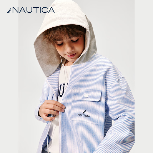 NAUTICA children's clothing boys and girls thin coat spring and autumn spliced hooded vertical striped shirt big children's clothes blue strip 170
