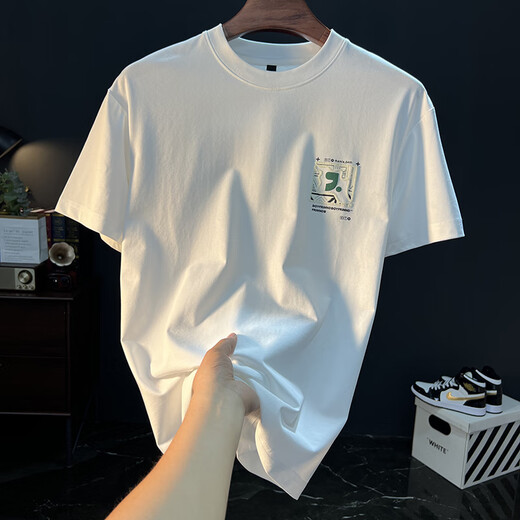 Guangan Aepe Herren-T-Shirt Sommer dünne vielseitige amerikanische losen Trend kurzärmelige T-Shirt Casual Rund Hals atmungsaktivem Pullover Top White ZJ-y1098 L für Gewicht 112-128jin [Jin entspricht 0,5 kg]