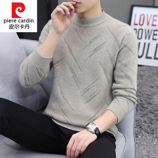 皮尔卡丹（pierre cardin）男士中领毛衣水貂绒黑色线衣冬季加厚保暖一体绒半高领条纹针织衫 K12156黑色 L