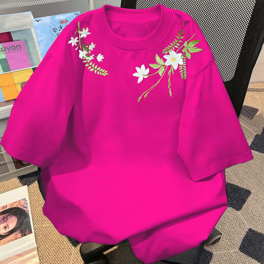 Su Yu 100% pure cotton American new Chinese style floral garland short-sleeved T-shirt for women summer loose trendy brand top half-sleeved men's 220g - black M recommended 95-110Jin Jin is equal to 0.5 kg