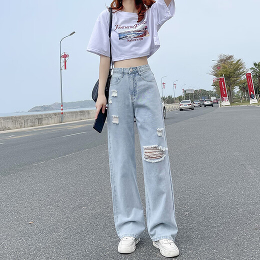 网红破洞牛仔裤女2025春秋新款高腰显瘦垂感阔腿拖地裤ins潮夏装 浅蓝色现货【687款长裤】 XL
