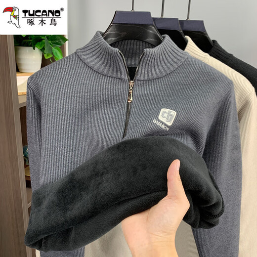 Woodpecker all-in-one velvet zipper half turtleneck men's sweater plus velvet thickened warm men's winter 2025 new thermal top beige plus velvet XL