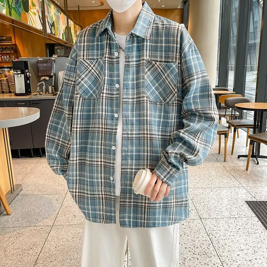美式长袖衬衫男生春夏季宽松翻领格子衬衣复古潮流休闲百搭外套男 CRYZ687蓝色 M