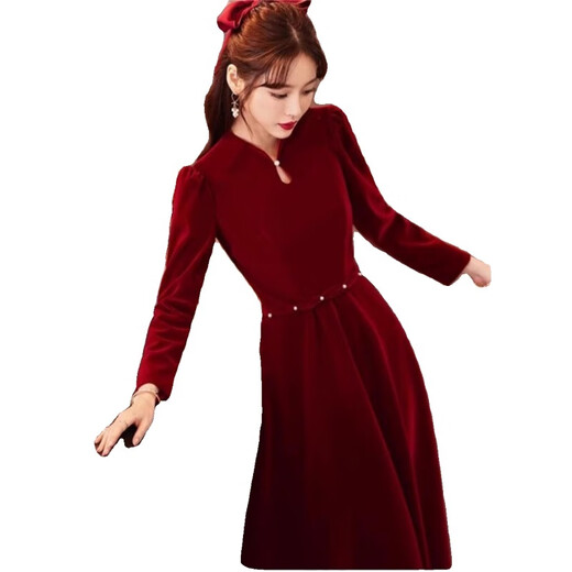 燕浔高级感酒红色连衣裙女秋冬晚宴结婚订婚敬酒礼服连衣裙别致 酒红色 XL