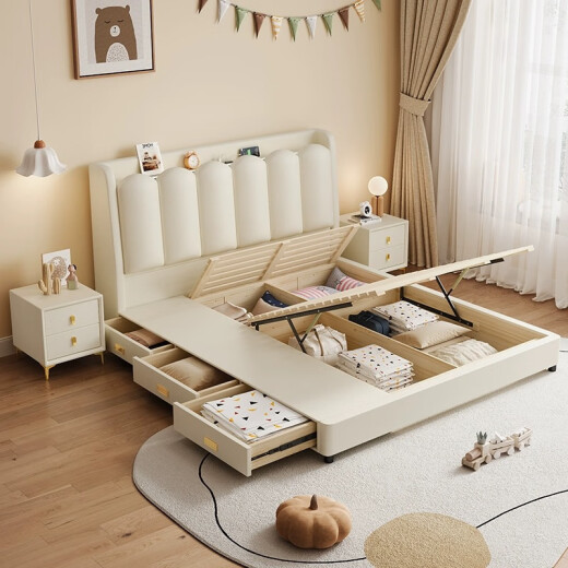Vinson Shanpin estilo cremoso de piano brillante llave de empaquetamiento suave Camilla para niños Camilla de princesa cama de niño 1 metro 5 empaquetado suave cama doble cama + 2 cm pino cama de cama de madera + 1 gabinete + colchón de bolsa independiente 1350 mm*2000 mm Almacenamiento