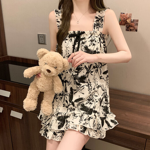 猫人感水墨画吊带睡衣女款夏季带胸垫云朵棉新款夏天家居服女 S48-9721-背心套-郁金香 M 【80-100斤】