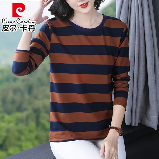 Pierre Cardin Loose Lose Long Ärmel-T-Shirt für Frauen 2025 Frühling und Herbst Neues modisches inneres Basishemd sowie vielseitiges Frühspring-T-Shirt Top für Frauen 6623 Gelb [Big Stripes l Vorschlag [105-120jin [Jin gleich 0,5 kg]