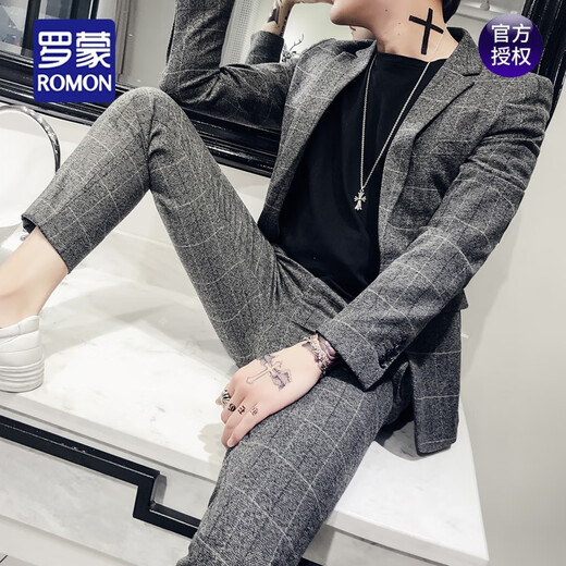 ROMON spring and autumn plaid small suit men's suit slim Korean style handsome suit men's British style trendy casual jacket 85 gray (jacket + pants) L (110-125Jin Jin equals 0.5 kg)