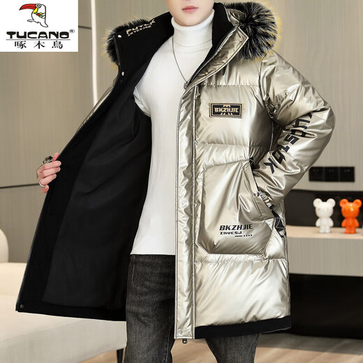Woodpecker (TUCANO) mid-length shiny cotton coat for men 2025 new winter down jacket thickened jacket trendy overcoat black L recommended 100-120 Jin Jin equals 0.5 kg