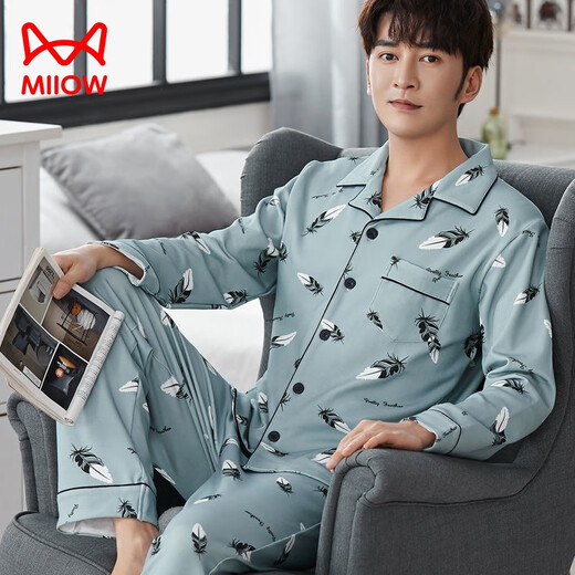 Catman (MiiOW) double-sided pure cotton pajamas for men long-sleeved spring, autumn and winter large-size men's comfortable large-size youth and middle-aged summer home clothing 3291HOMES L (110-135Jin [Jin equals 0.5 kg])