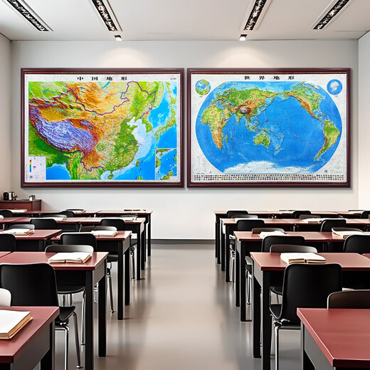 2025新版 地图 中国地形挂图 世界地图 3D凹凸立体 精雕地形图 高清版 实木带框尺寸95*130cm