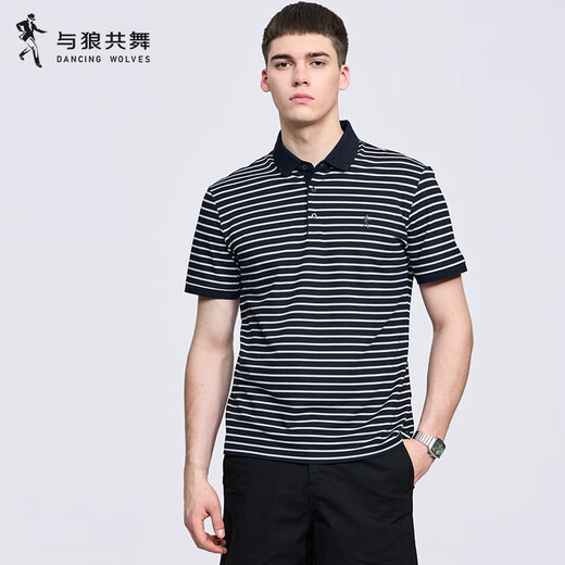 Dancing with Wolves [with mulberry silk] striped lapel short-sleeved T-shirt for men 2025 summer new casual breathable Polo shirt 6196 dark blue 102 2XL (185)