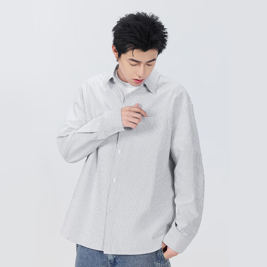 MINISO Oxford Spun Striped Long-Sleeved Shirt for Men 2026 Spring with Cuban Collar Jacket Trendy Brand Loose Boyish Shirt Oxford Spun Long-Sleeved Striped Gray and White Strips 2XL /185 (Weight 160-180Jin Jin is equal to 0.5 kg)