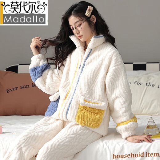 莫代尔冬季法兰绒睡衣女开衫拉链加绒加厚保暖套装甜美可爱珊瑚绒家居服 SMS9904 XL 建议120-140斤