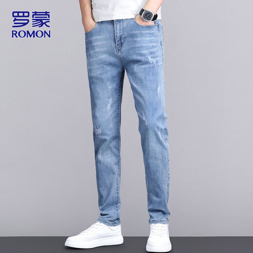 Romon Jeans Herren Sommer Casual Hosen Herren trendige lange Hosen Männer schlanke Füße Herrenhosen hellblau 32