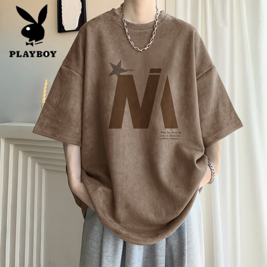 花花公子（PLAYBOY）杏色短袖t恤男士夏季薄款潮牌宽松休闲半袖男生圆领五分T恤衣服 5012杏色 M 90-110斤可穿