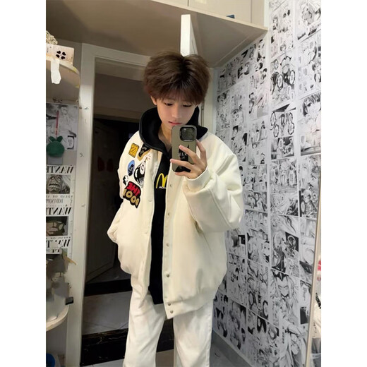 Katuchi American high street badge letter embroidered baseball uniform men's spring and autumn trendy brand loose high street bomber jacket white L