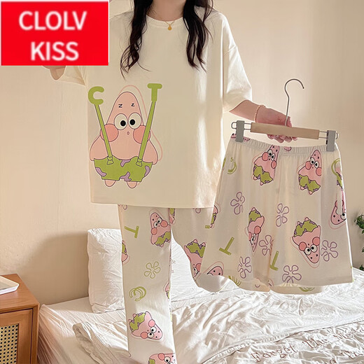 Clolvkiss Frühlings- und Sommerpyjamas für Frauen kurzärmelige, reine Baumwoll-Drei-teilige Neujahrs neue süße Pai Star Summer Dünne Heimkleidung #LXE-Drei-Stück Set 653 Big White Gans Short Sleeves + Shorts M [75-95jin [Jin gleich 0,5 kg]]