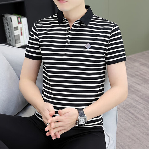 UOSO International First-Line Luxury Herren hochwertiger Streifenpolo-Pullover Revers Short Sleeve T-Shirt Herren Sommer halb Ärmel Männer Schwarz-Weiß Striped Q753 Lapel Short Sleeve m