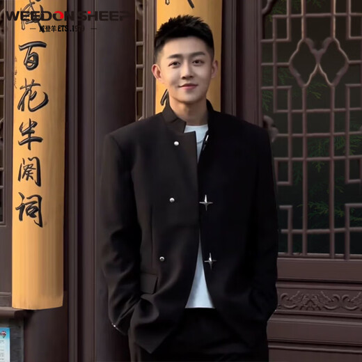 Vuitton sheep new Chinese style light national style stand collar suit suit for men 2025 new spring and autumn loose casual suit jacket for men jacket + white short T + trousers three pieces XL