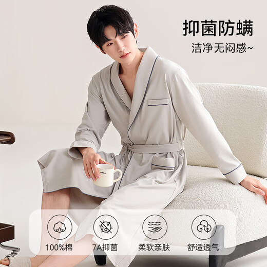 All spring and autumn pure cotton pajamas men's full cotton nightgown men's high-end robe loose large size hotel bathrobe home clothes