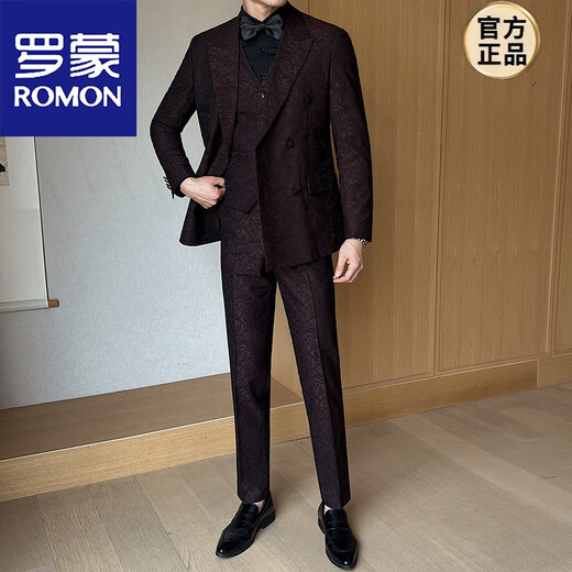 ROMON Double-breasted Dark Pattern Jacquard Dinner Suit Men's 2025 Spring and Summer Suit Three-piece Wedding Groom's Dress Fashion Burgundy Suit+Vest+Trousers Black L 110-125Jin Jin equals 0.5 kg