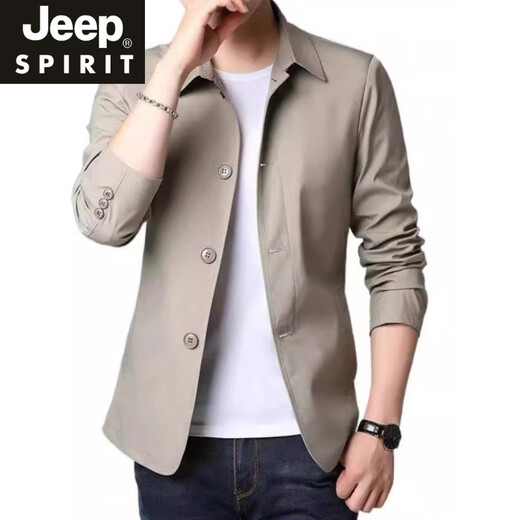 JEEP SPIRIT高端春秋季男士商务夹克西装中青年纯色翻领薄款韩版修身风衣外套 浅灰色  NJ1048 M 【建议98-110斤】