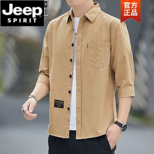 JEEP SPIRIT纯棉免烫夏季衬衫男士宽松版七分袖衬衣工装中袖外套 高质量纯棉料七分袖5008(灰蓝色) XL 135斤-155斤