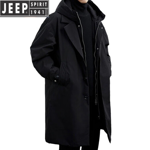 JEEP SPIRIT Jeep 2025 Autumn and Winter New Men's Korean Coat Men's Jacket Fake Two-piece Hooded Mid-Length Windbreaker Parka Black Thin 140-155Jin Jin equals 0.5 kg XL