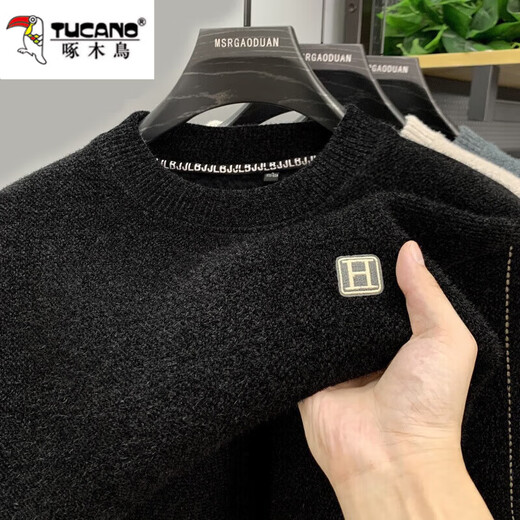 Woodpecker integrated velvet high-end round neck sweater for men's autumn and winter style plus velvet thickened warm base knitted sweater clothes 10749/9906 beige [added velvet thickened] 3XL