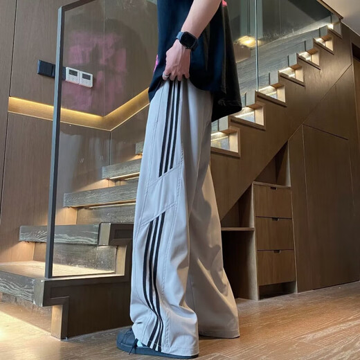 冰丝条纹裤子男夏季薄款潮流美式复古宽松三条杠直筒阔腿休闲裤 黑色X47 L