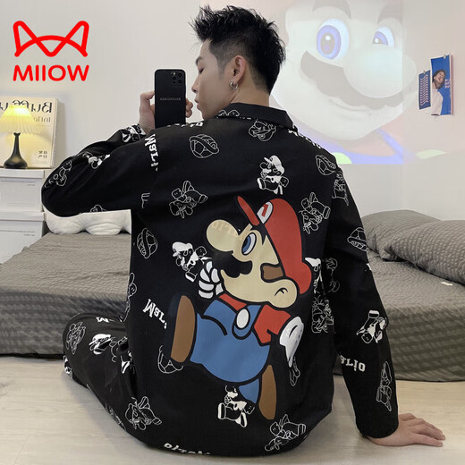 Cat Man (MiiOW) Pure Cotton Men's Pajamas Spring and Autumn Teenagers Cartoon Student Cardigan Large Size Men's Long Sleeve Trousers Home Clothing 9905 (Long Sleeve Cardigan) M