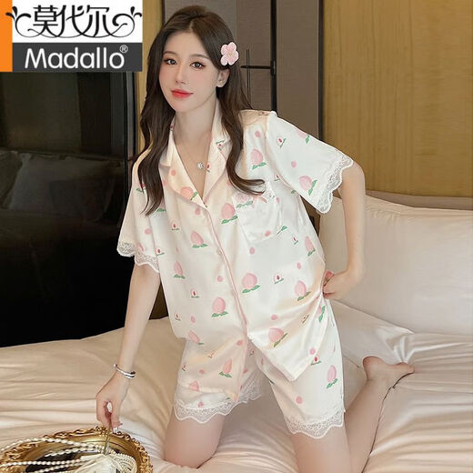 Pajama de verano modal para mujeres Seda de seda de hielo Pantalones de manga corta Sweet Sweet Summer Seda delgada de dos piezas FS_9905# Cardigan Short Peach M