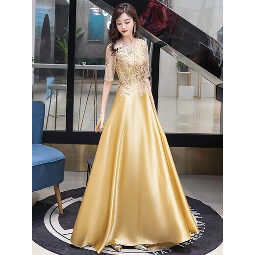 Zhufan annual meeting host clothing female chorus conductor performance clothing female golden evening dress female 2025 new art test champagne color 2XL