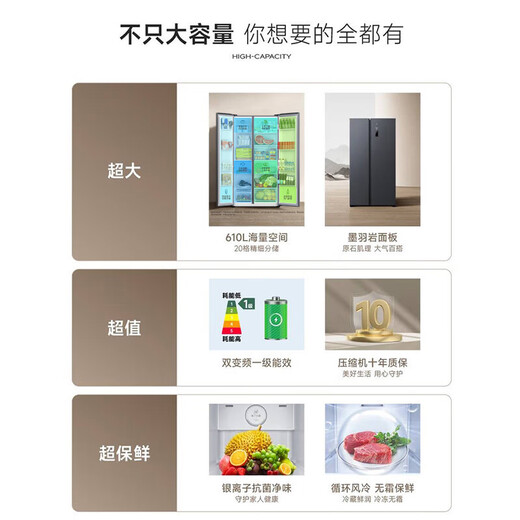Mijia Xiaomi Subvention nationale 20% 610L côte à côte Double porte Conversion de fréquence à un niveau Grande capacité Réfrigérateur domestique refroidi par air sans givre Échange BCD-610WMSA