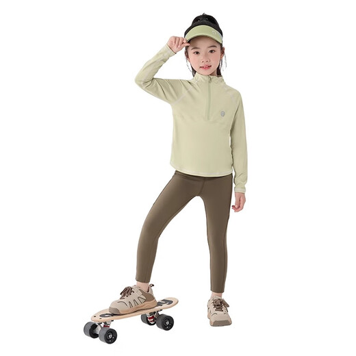 Moonkids children's sports quick-drying suit for girls 2025 autumn running yoga shark pants sun protection training clothes autumn thin two-piece set 19629 ginger long-sleeved T-shirt + 20917 brown green 130 cm