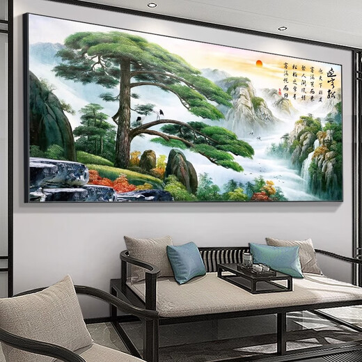 Craftsman Time Welcoming Pine Living Room Sofa Background Wall Decoration Tea Room Hanging Painting Landscape Painting Landscape Calligraphy and Painting Office Murals Hall [Welcoming Pine] CT-3882 210*90cm Modern Black (Brushed Aluminum Frame) [Oil Painting