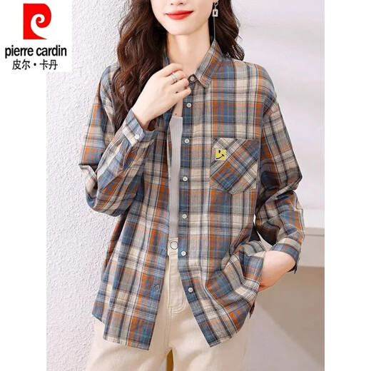Pierre Cardin pure cotton plaid shirt for women spring and autumn new 2025 fashion shirt early spring style long-sleeved thin shirt top blue XL recommended 115-135 Jin Jin equals 0.5 kg
