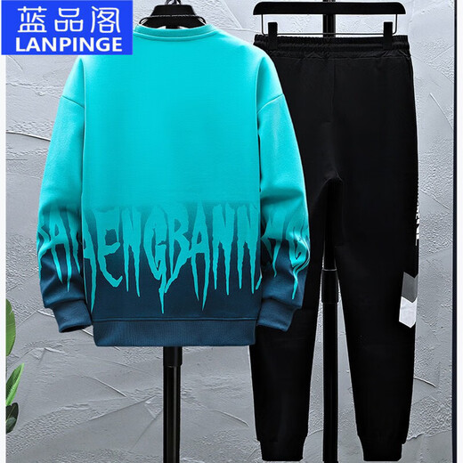 Lanpinge Frühlings- und Herbststil Junior High School und High School College-Schüler Chinesischer Stil Sweatshirt Sport Casual Anzug Jungen und Teenager Trendy Clows Blue (zweiteiliger Set) HX683-K556 L (Empfohlene Höhe 160-165 cm)