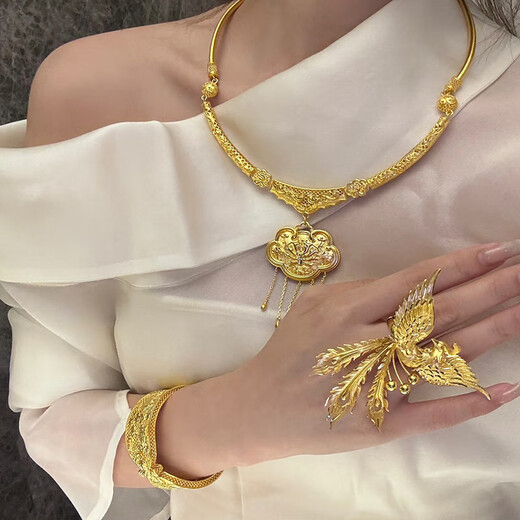 Best Qichang Gold Phoenix Ring Wedding Three Gold Hardware 999 Pure Gold Wedding Set Gift Wedding Set for Wife Gift Phoenix Ring About 32g