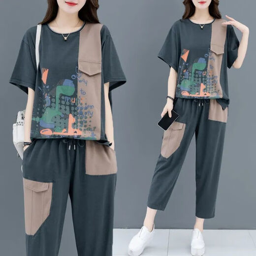 鸢诺中年妈妈装大码宽松显瘦运动服两件套夏季印花拼接短袖休闲套装女 838#绿色 L 【建议90-110斤】